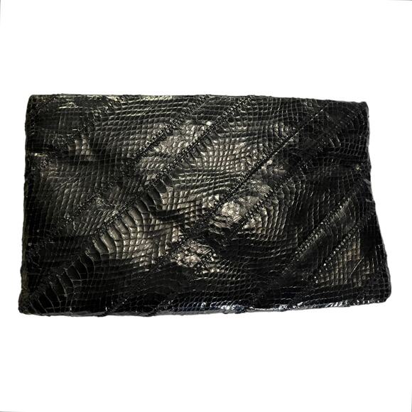 VINTAGE Edina Ronay Snakeskin Clutch Black Crossbody Shoulder Strap Designer EUC - Picture 5 of 6